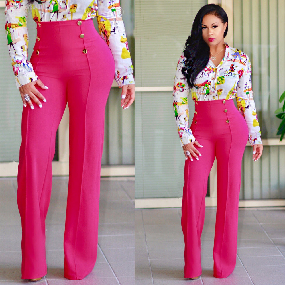Women's High-Waisted Palazzo Pants with Decorative Buttons