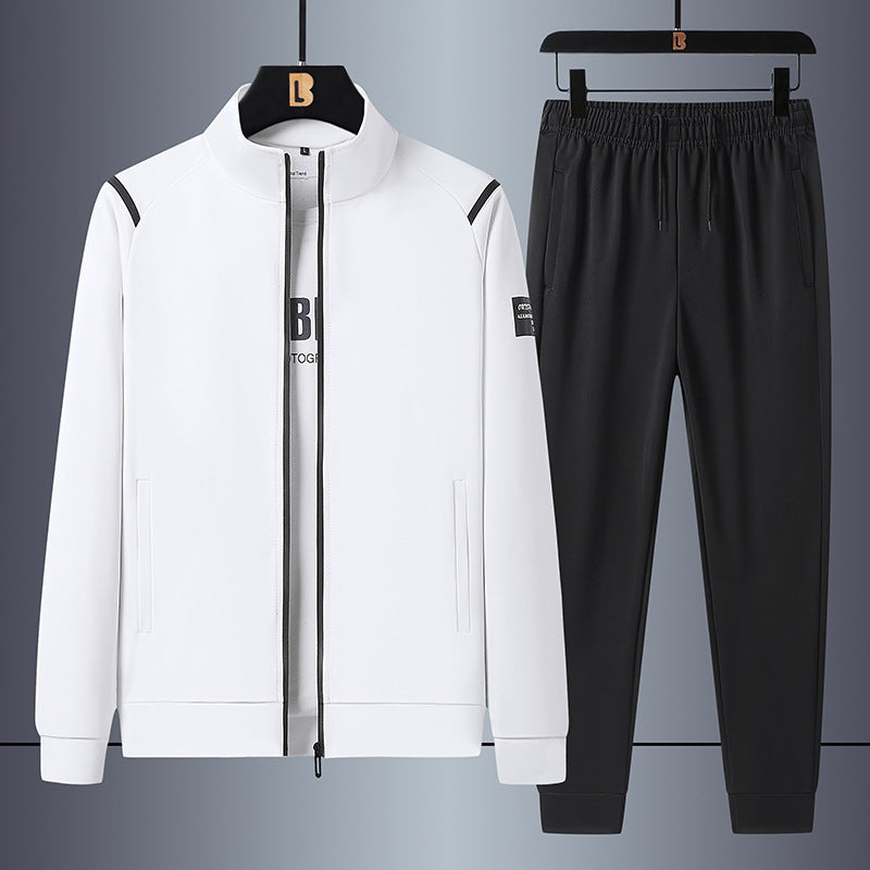 Men's casual sports training set with stand-up collar zip jacket and elastic drawstring jogging pants