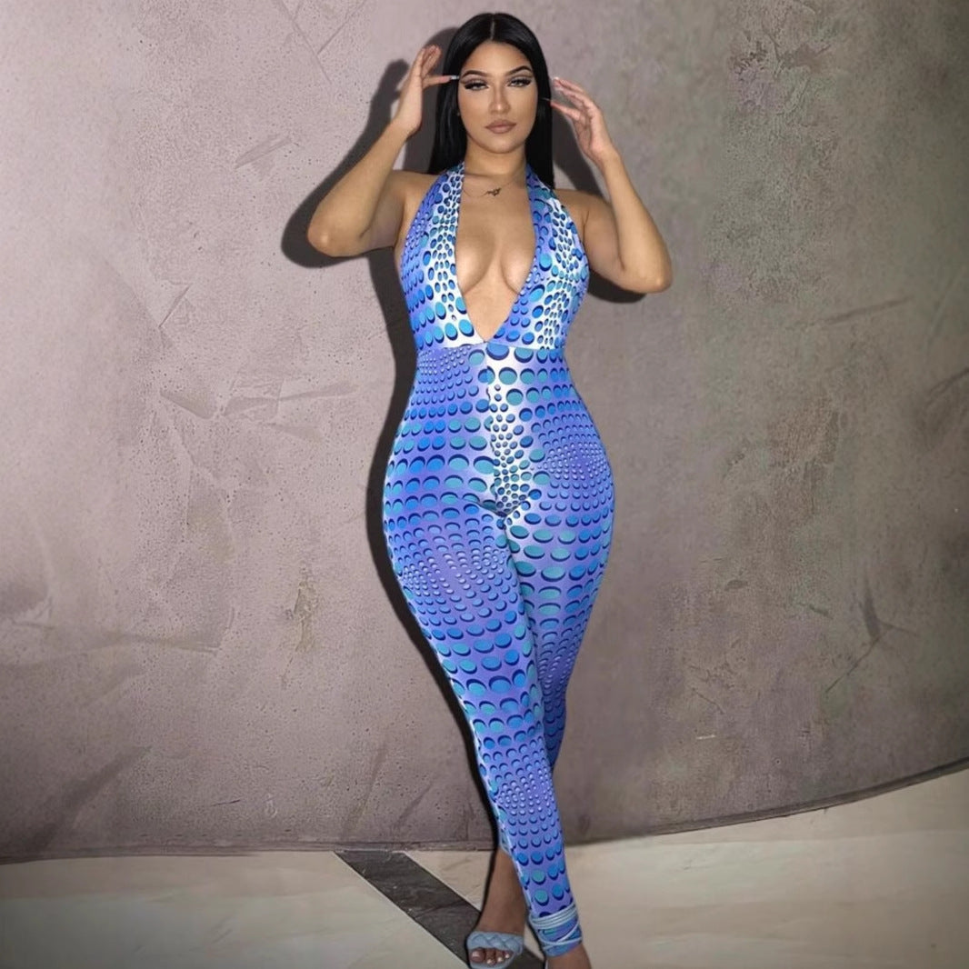 Women's Bodycon Jumpsuit with Deep V-Neck and Exclusive Pattern