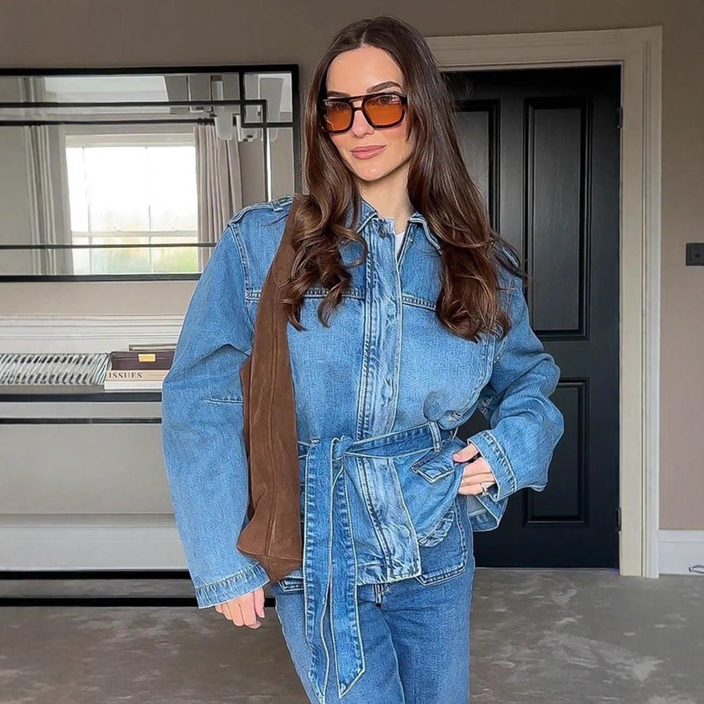 Women's Elegant Denim Jacket with Adjustable Waist