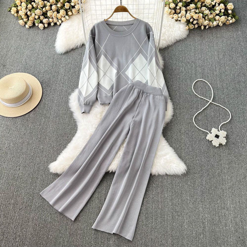 Women's Elegant Diamond Pattern Wide-Leg Knit Loungewear Set