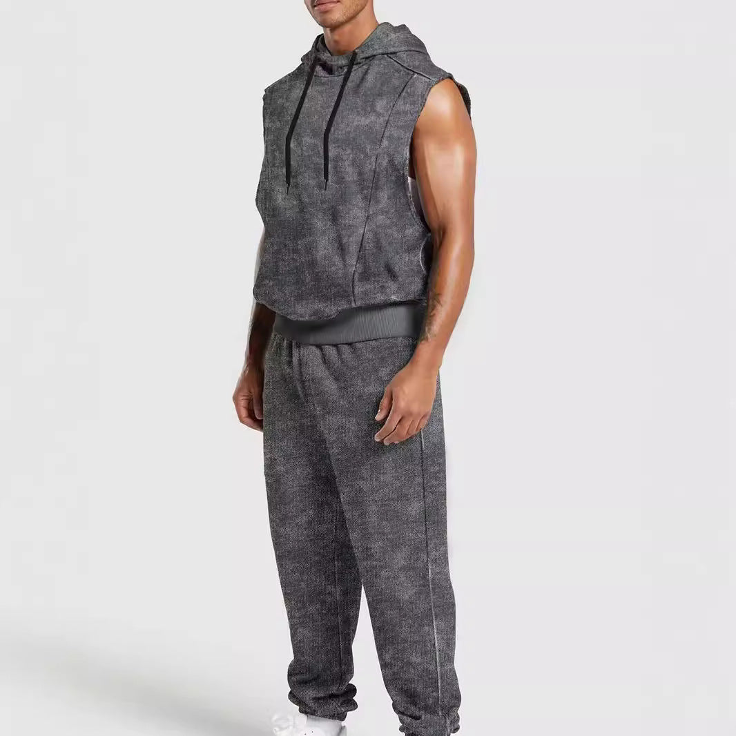 Men's sleeveless hooded sweat set in velour look with elastic joggers and ribbed cuffs