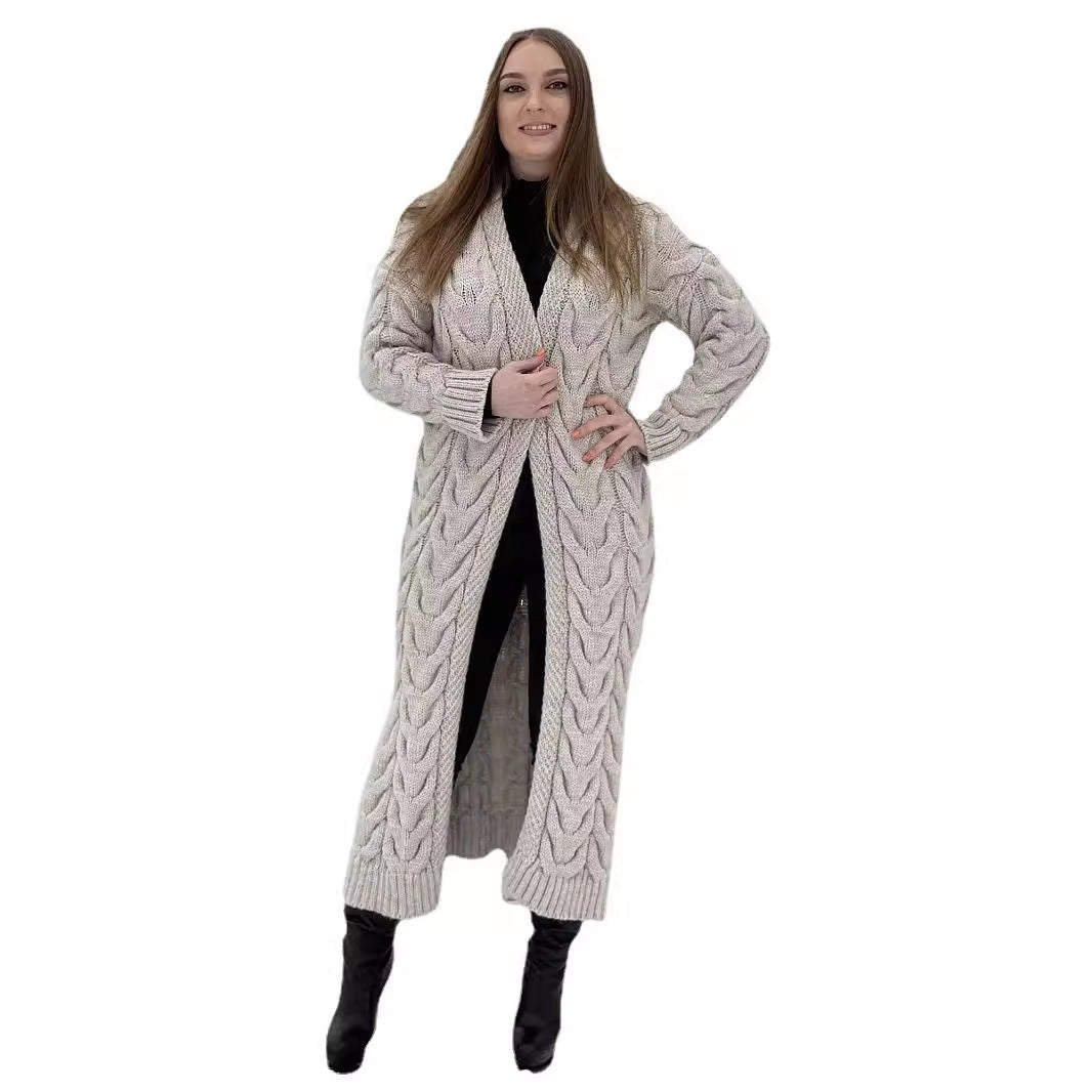 Women's Chunky Knit Coat with Distinctive Cable Knit Design and Open Front