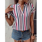 Women's Short-Sleeve Striped Blouse with Elegant Collar