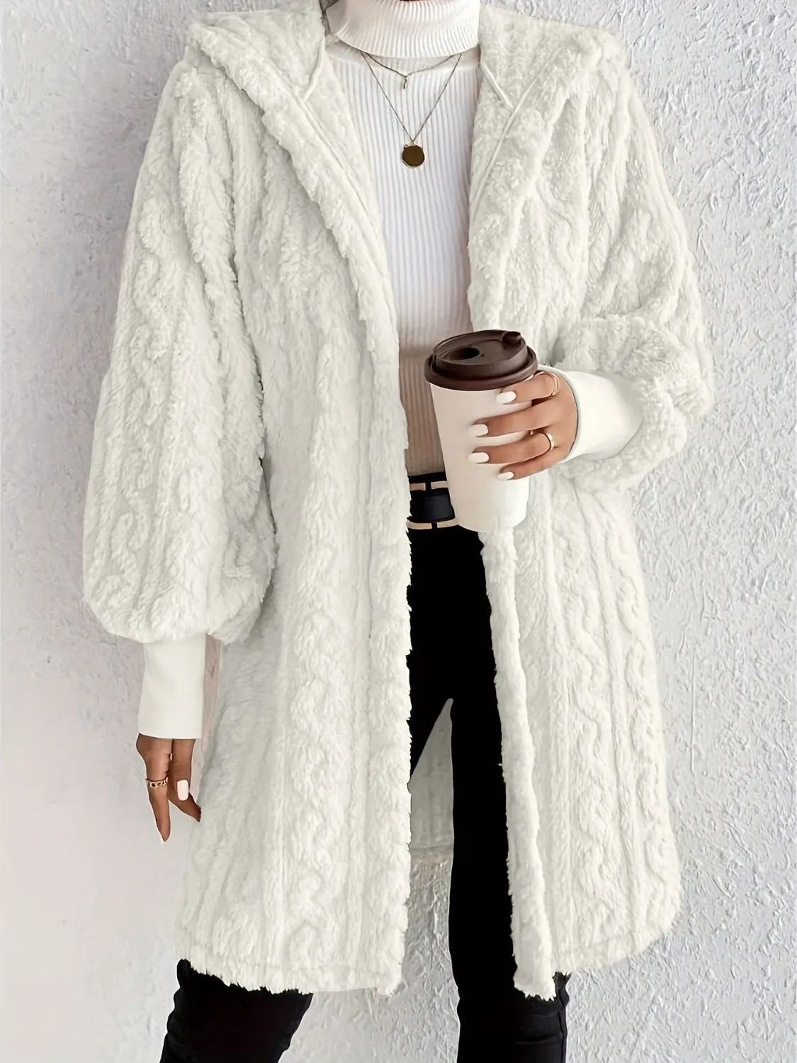Women's Fluffy Oversized Cardigan with Hood and Pockets