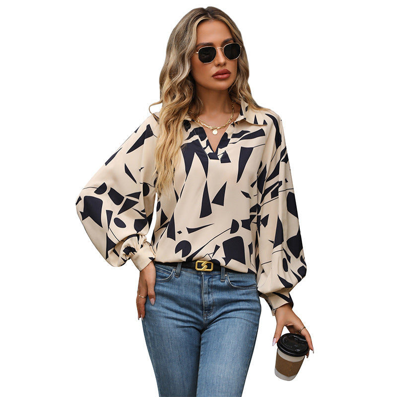 Women's Blouse with Modern Graphic Design and V-Neck
