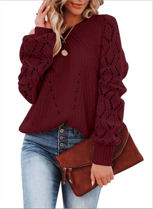 Women's Elegant Knit Sweater with Airy Crochet Texture and Wide Sleeves