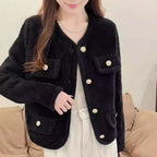 Women's Fluffy Cardigan with Decorative Buttons and Pockets