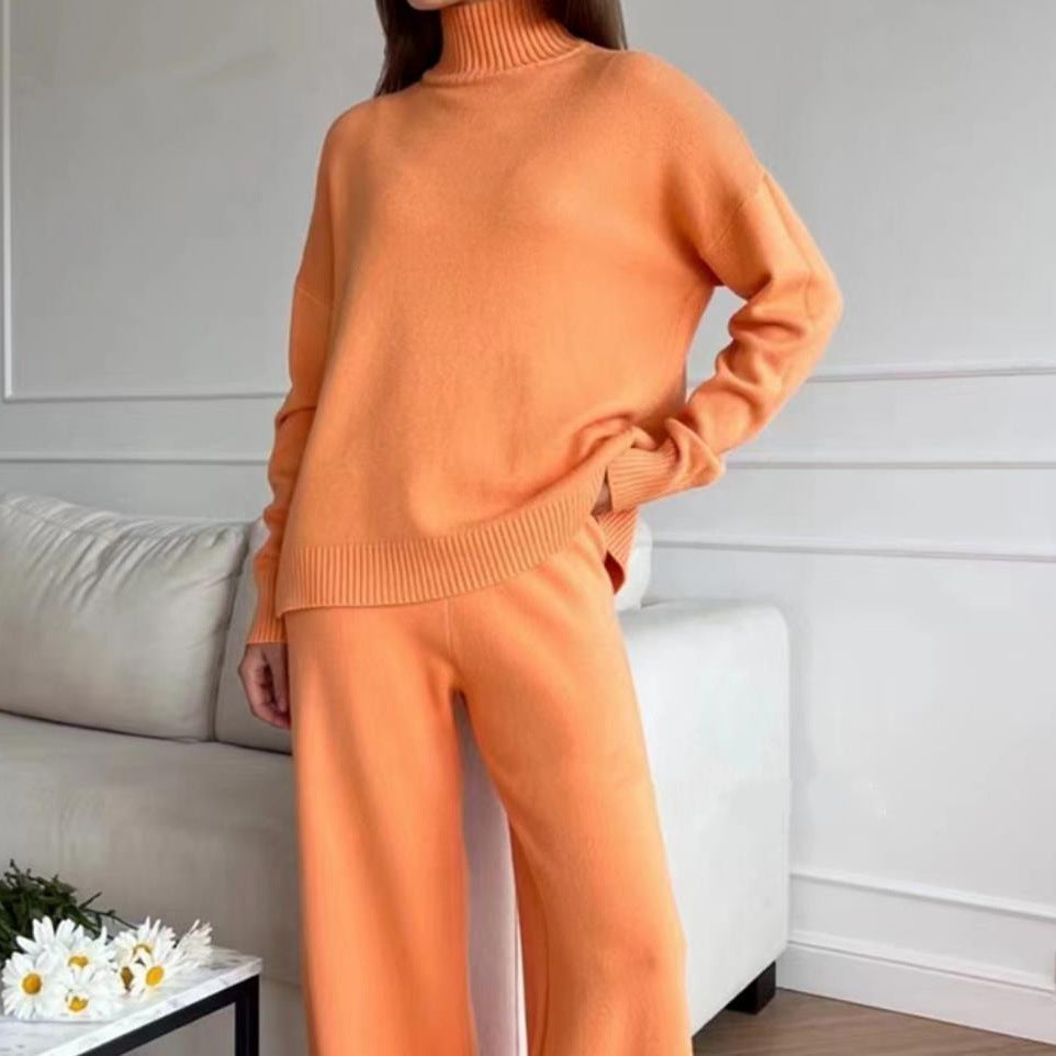 Casual Knit Set with High Collar and Wide Leg