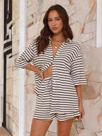 Women's Casual Set with Striped Shorts and Oversized Shirt