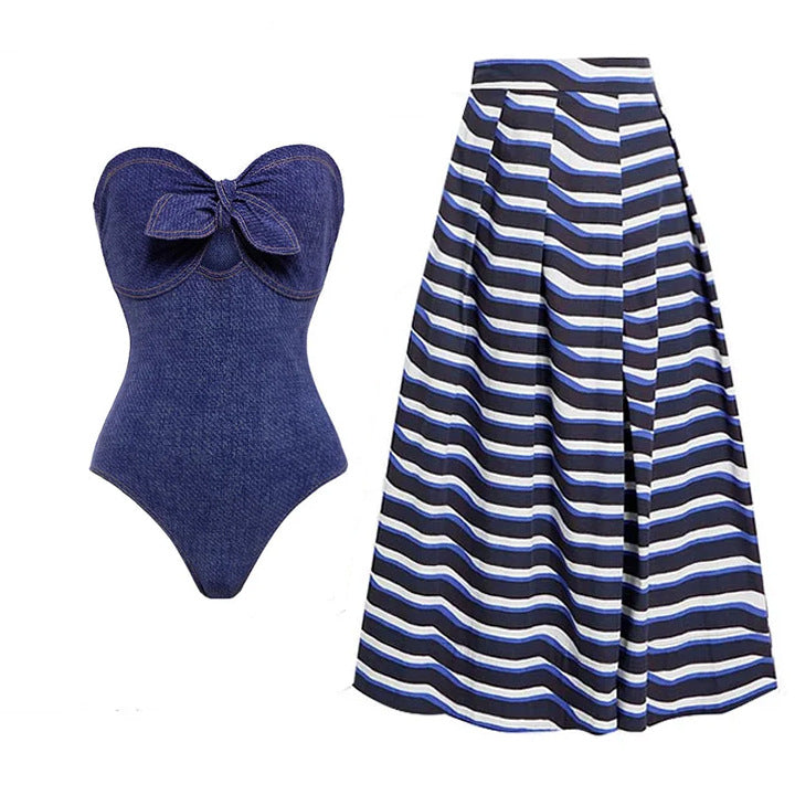 Women's Bandeau Swimsuit with Bows and Striped Maxi Skirt