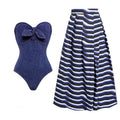 Women's Bandeau Swimsuit with Bows and Striped Maxi Skirt
