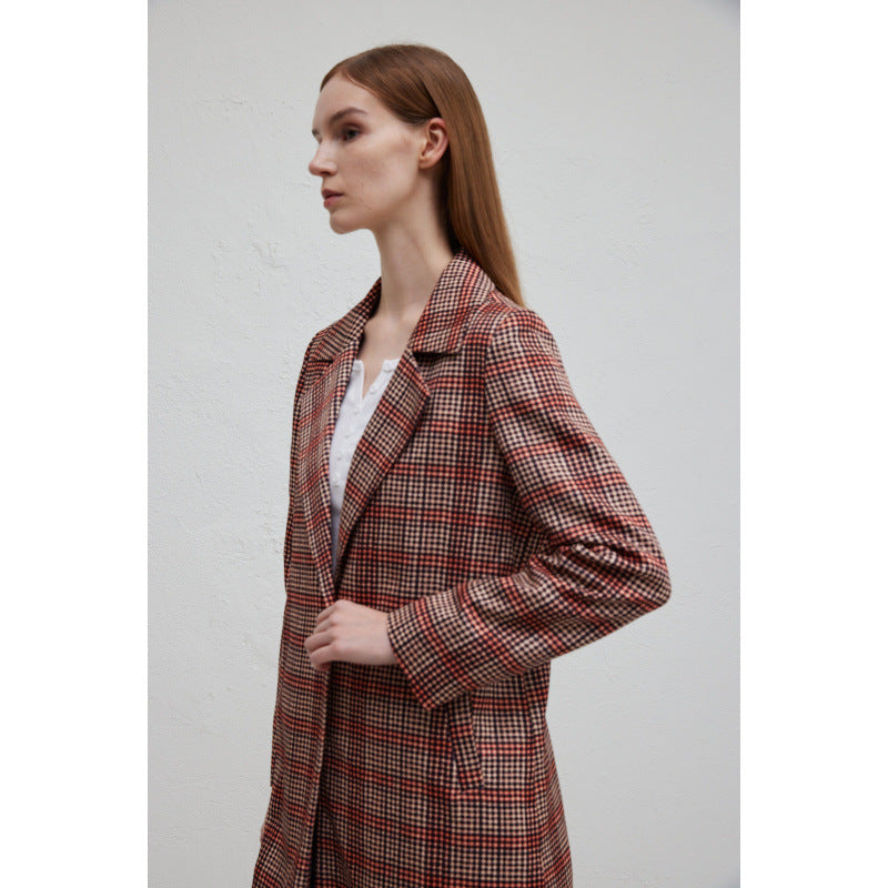 Women's Elegant Plaid Coat with Double-Breasted Button Closure and Casual Fit