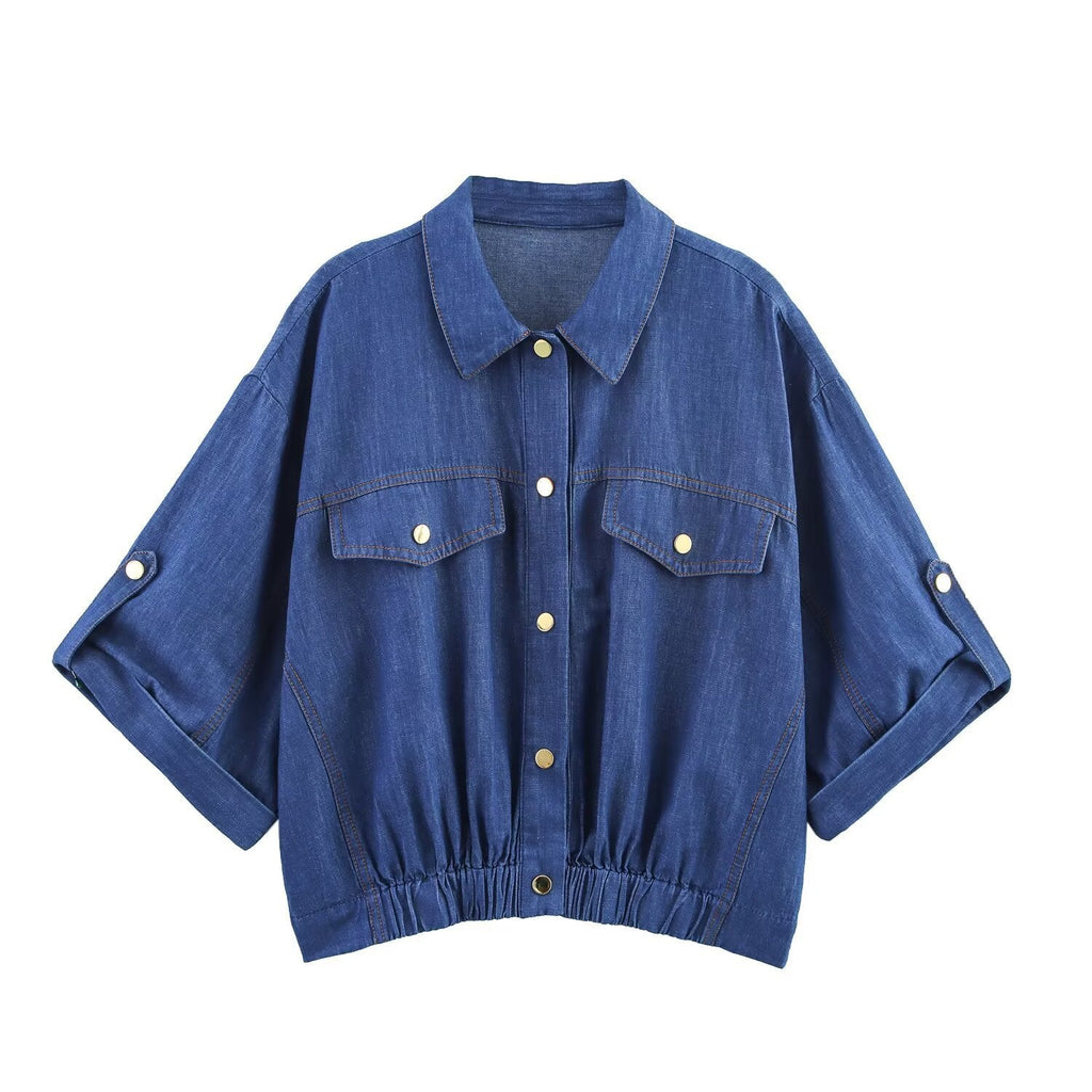 Women's Casual Denim Set with Crop Blouse and Elastic Pants
