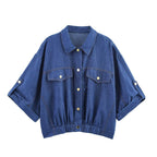 Women's Casual Denim Set with Crop Blouse and Elastic Pants