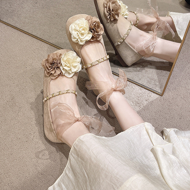 Women's Ballet Flats with Floral Design and Elegant Strap Decoration