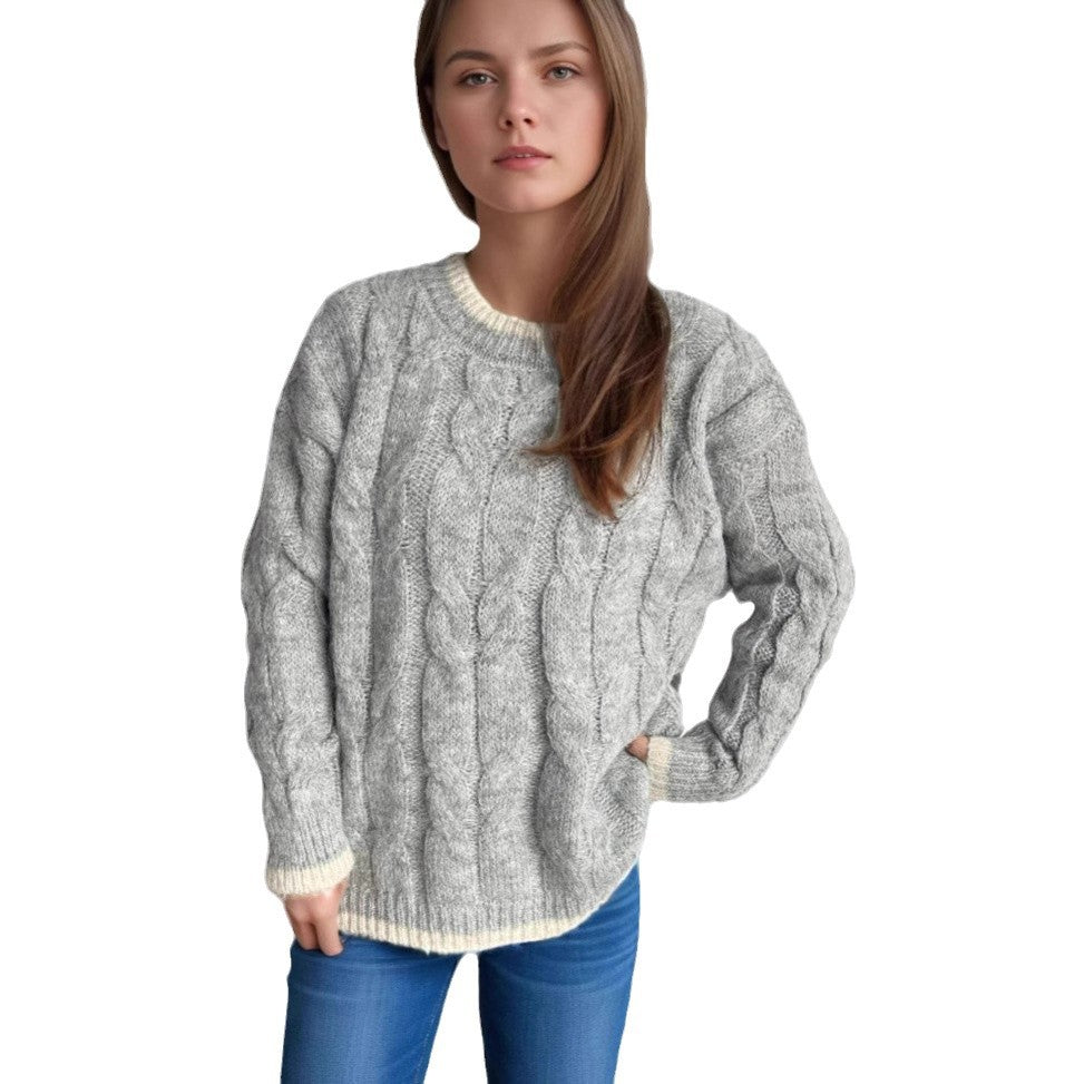 Women's Chunky Knit Sweater with Unique Cable Pattern and Relaxed Fit