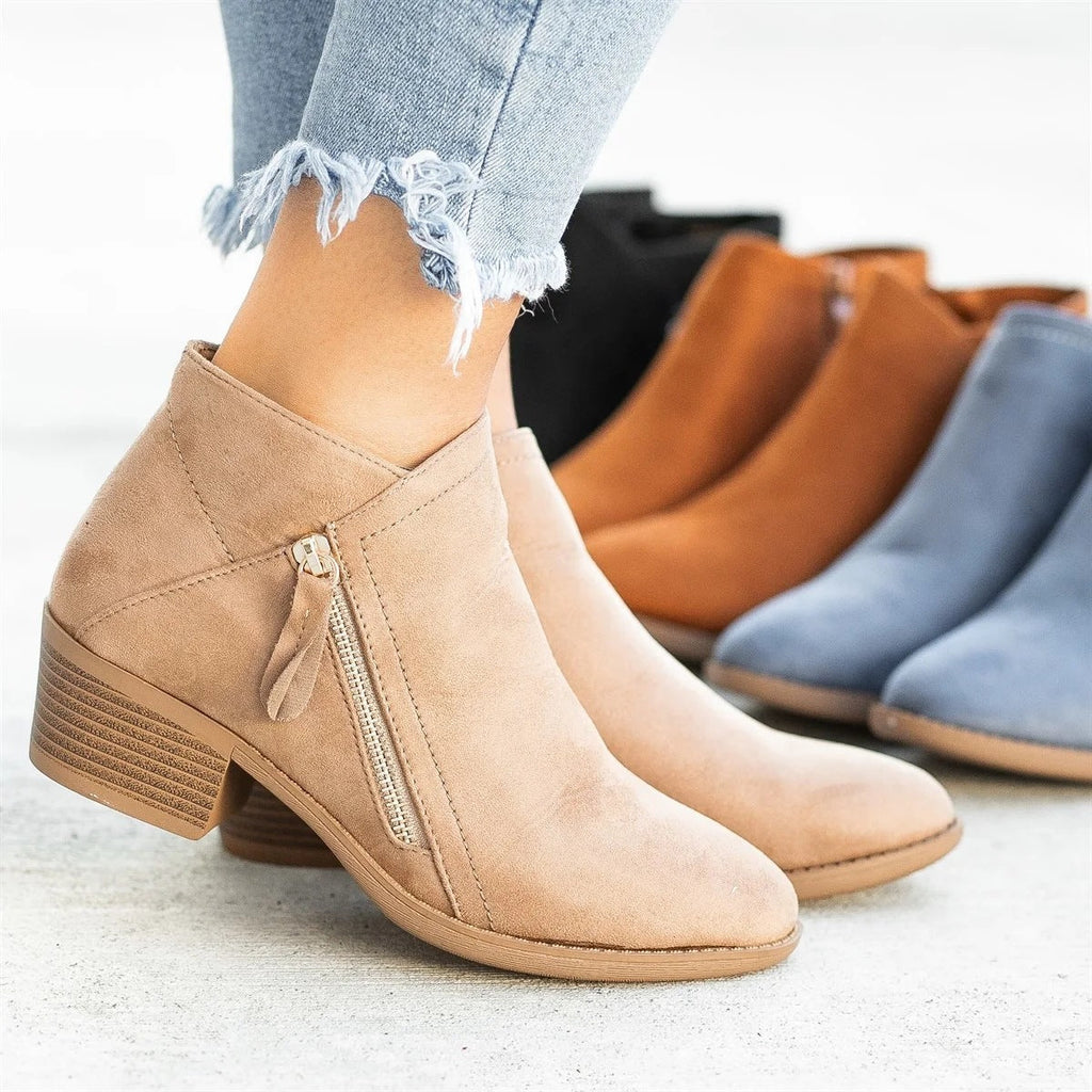 Women's Ankle Boots with Zipper and Block Heel