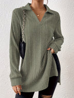 Women's Long Sleeve Shirt with Textured V-Neck and Ribbed Details