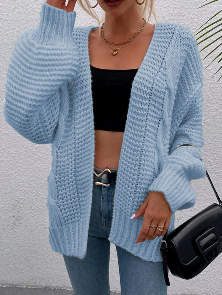 Women's Patterned Cardigan in Casual Oversized Design with Deep Pockets and Wave Texture