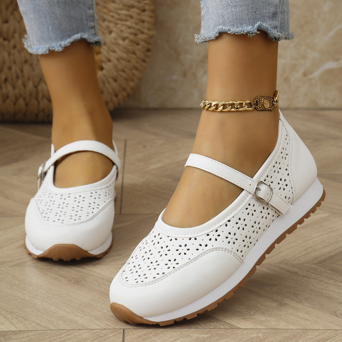 Women's Ballet Flats with Elegant Strap and Perforated Texture
