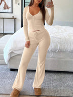 Ribbed Loungewear Set with Button Placket
