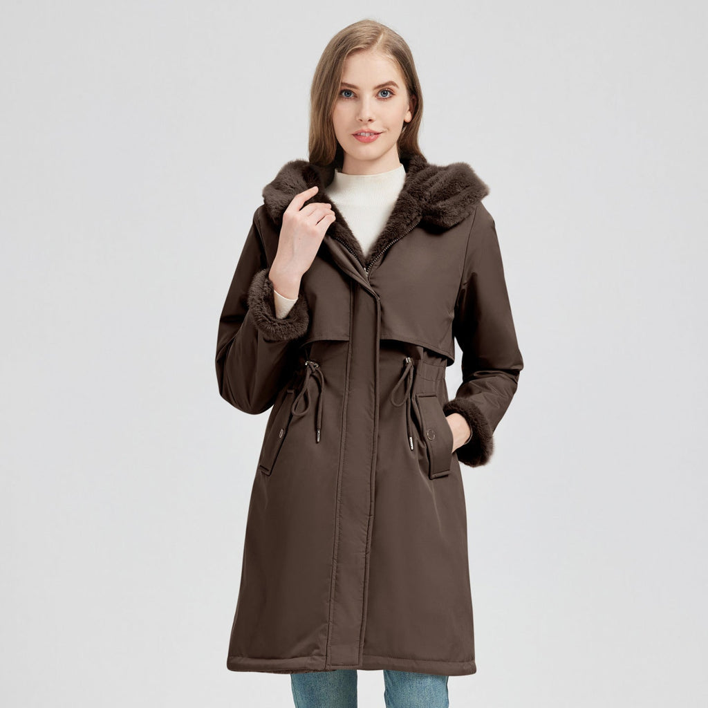 Women's Elegant and Warm Parka with Detachable Faux Fur Collar and Practical Lacing Details