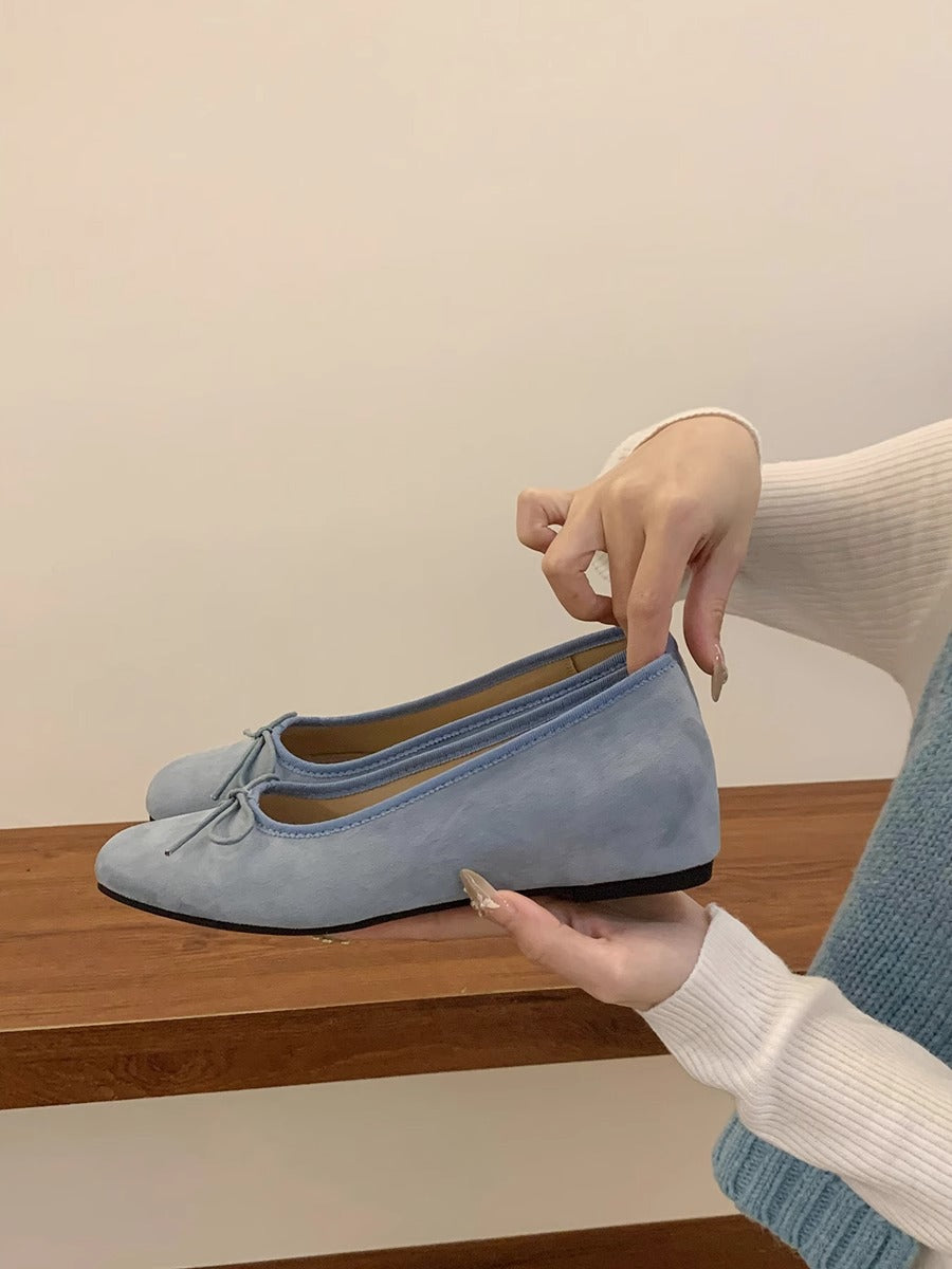 Women's Suede Ballet Flats with Playful Bow Detail