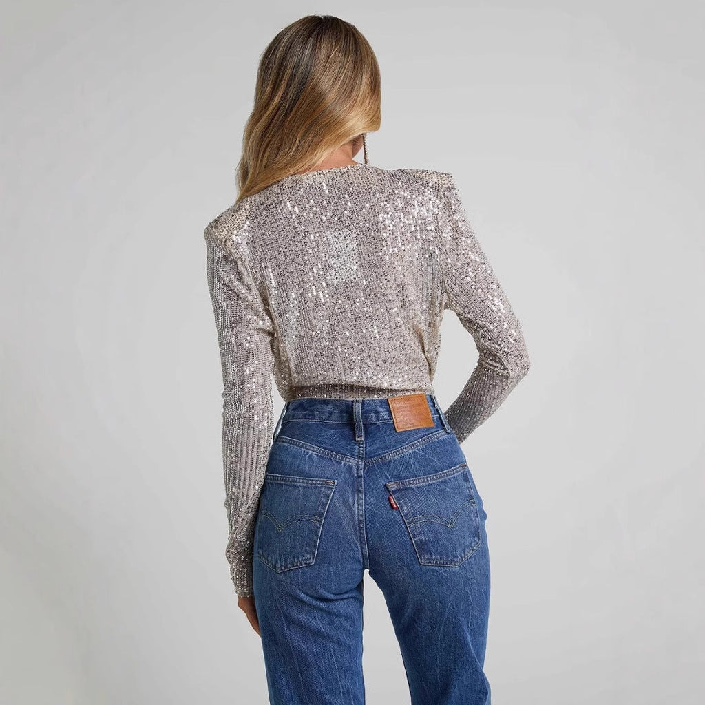 Women's Glittering Overall with Deep V-Neck and Long Sleeves