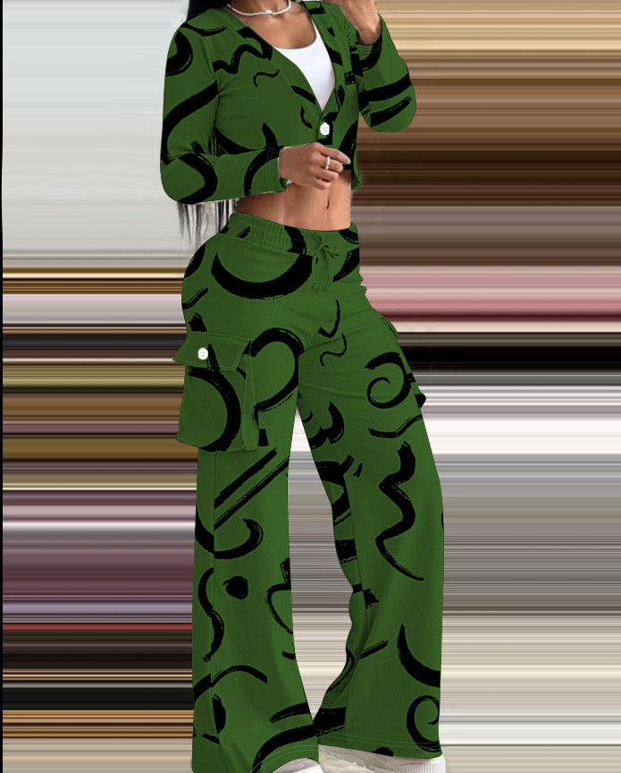 Women's Casual Set with Creative Print and Comfortable Pants
