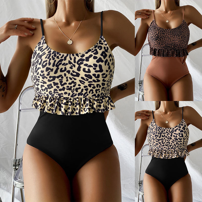 Women's Swimsuit with Ruffle Details and Leopard Print