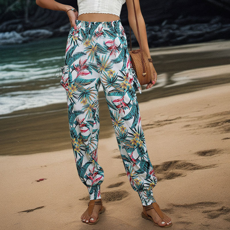 Women's Comfortable Cargo Pants with Tropical Pattern and Elastic Waistband