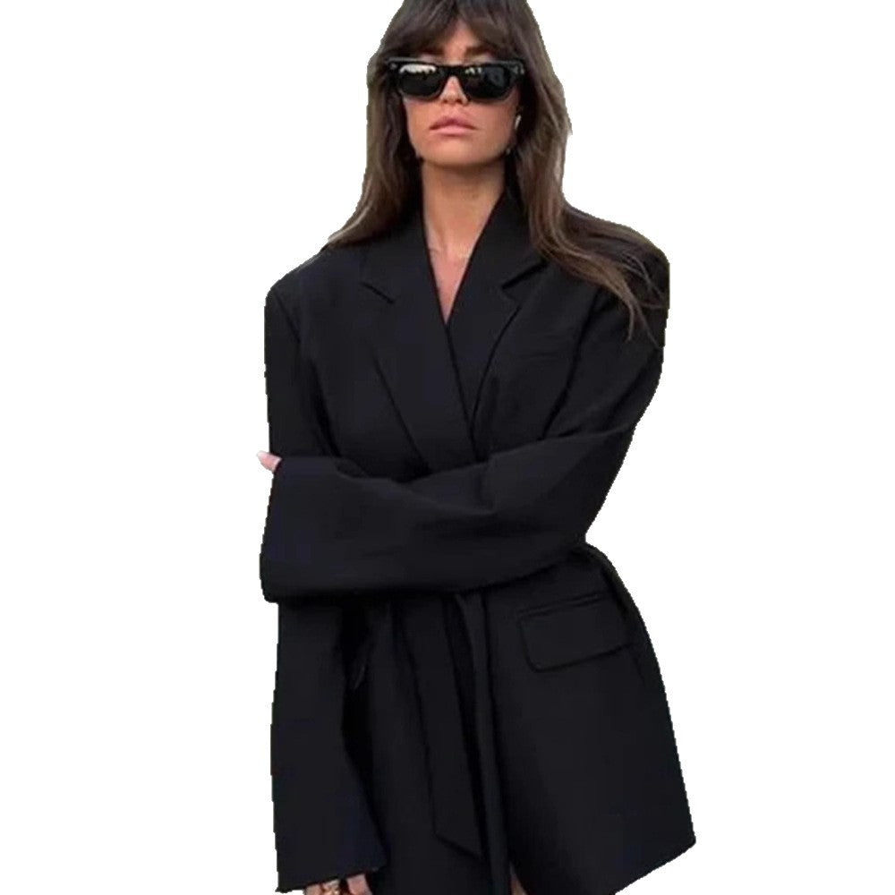Women's Elegant Blazer Jacket with Belt and Pockets