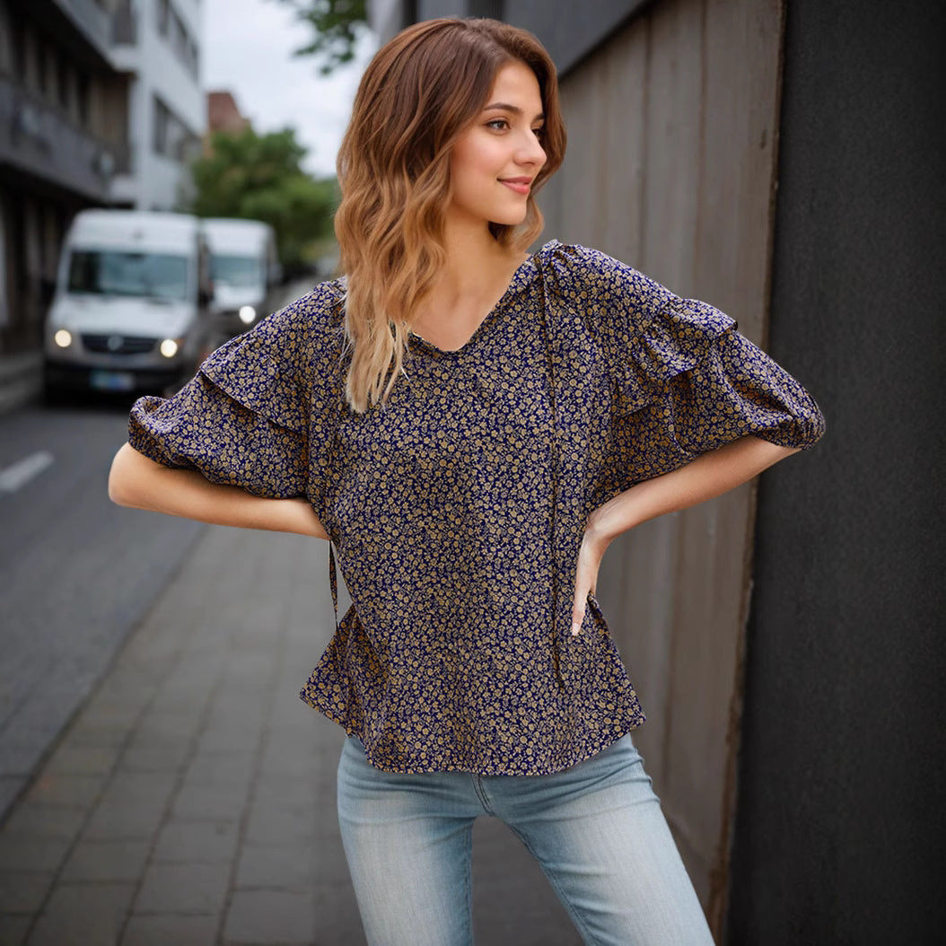 Women's Blouse with Ruffles and Floral Pattern