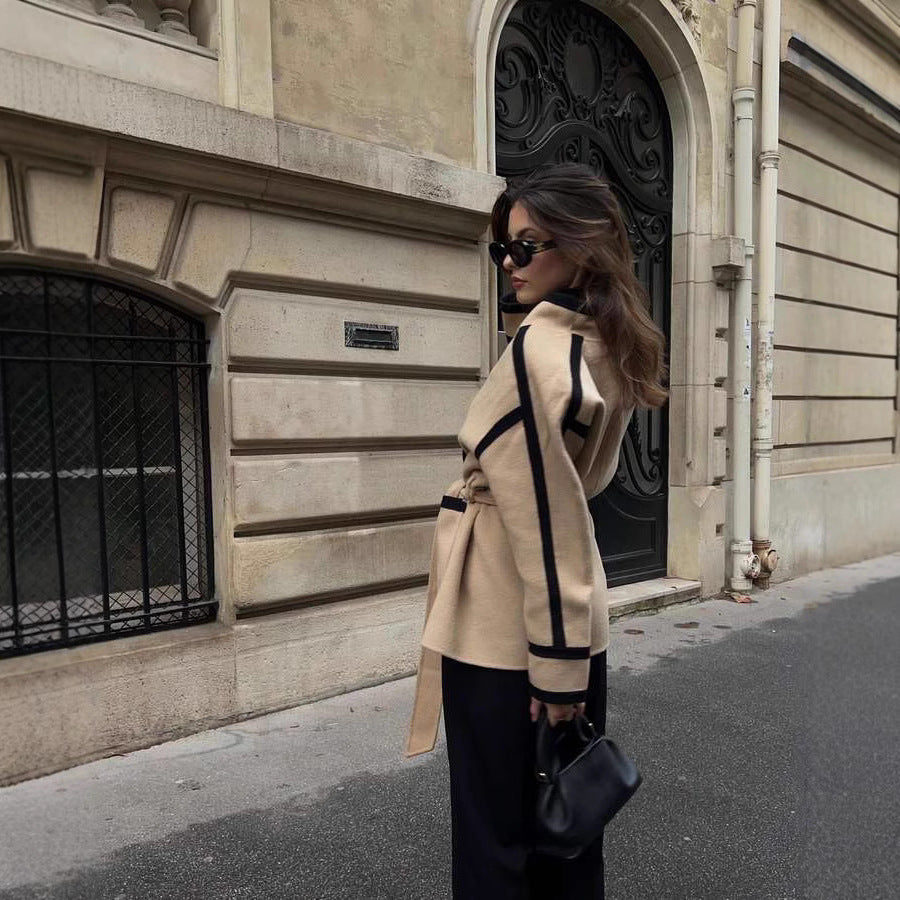 Elegant Blazer Jacket with Waist Belt and Contrast Stitching