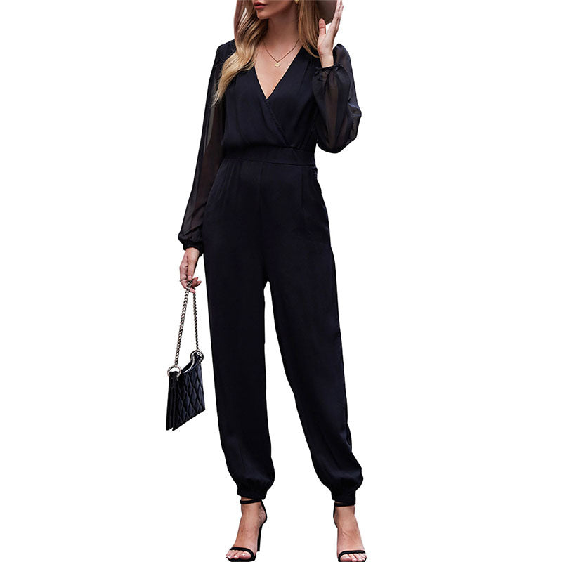 Elegant Wrap Jumpsuit with Sheer Flutter Sleeves