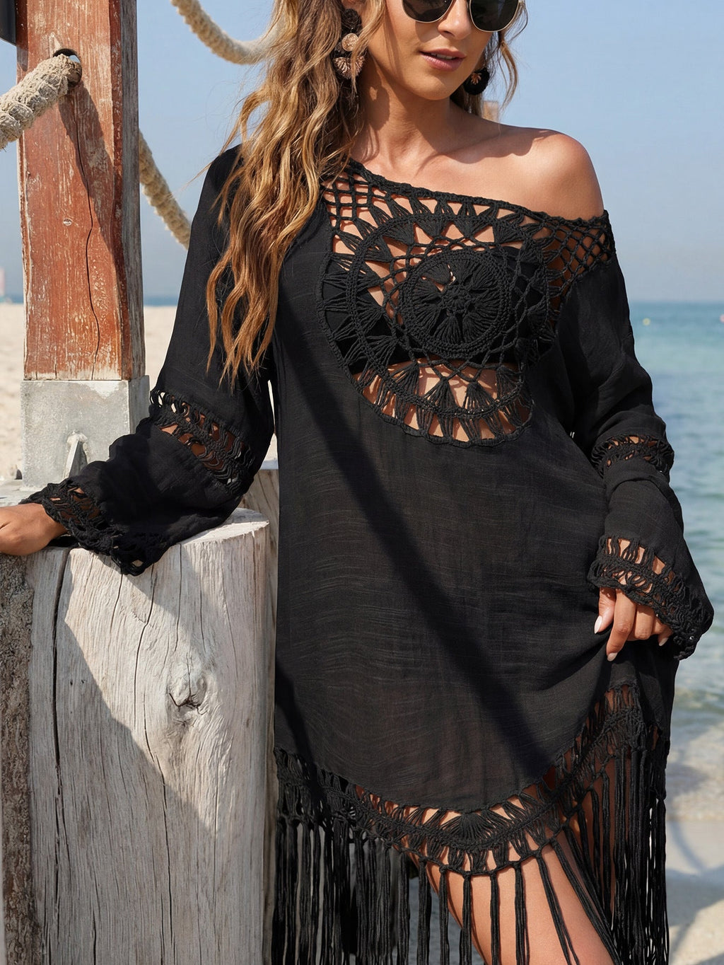 Elegant Beach Cover-Up with Crochet Pattern and Tassels