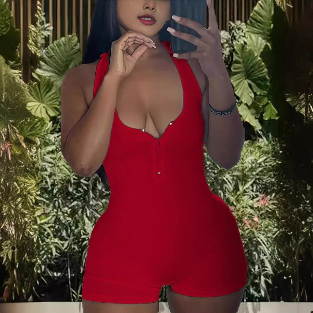 Women's Jumpsuit with Deep V-Neck and Zipper
