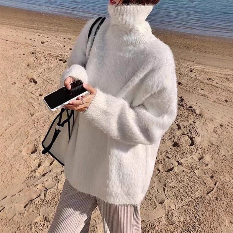 Women's Fluffy Sweater with Loose Fit and High Collar