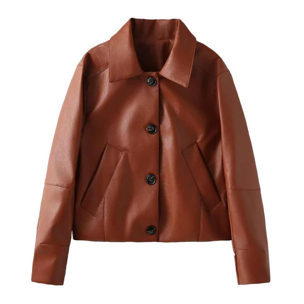 Women's Elegant Faux Leather Jacket with Modern Silhouette and Practical Pockets