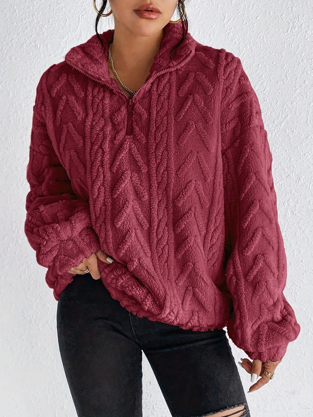 Women's Patterned Oversized Fleece Pullover with High Collar