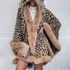 Women's Cozy Poncho with Faux Fur Trim and Leopard Print