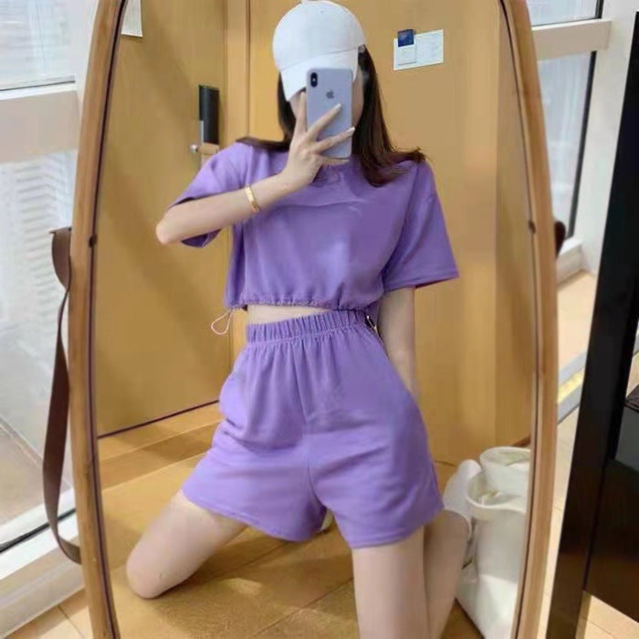 Women's Casual Suit with Round Neckline and Elastic Waistband