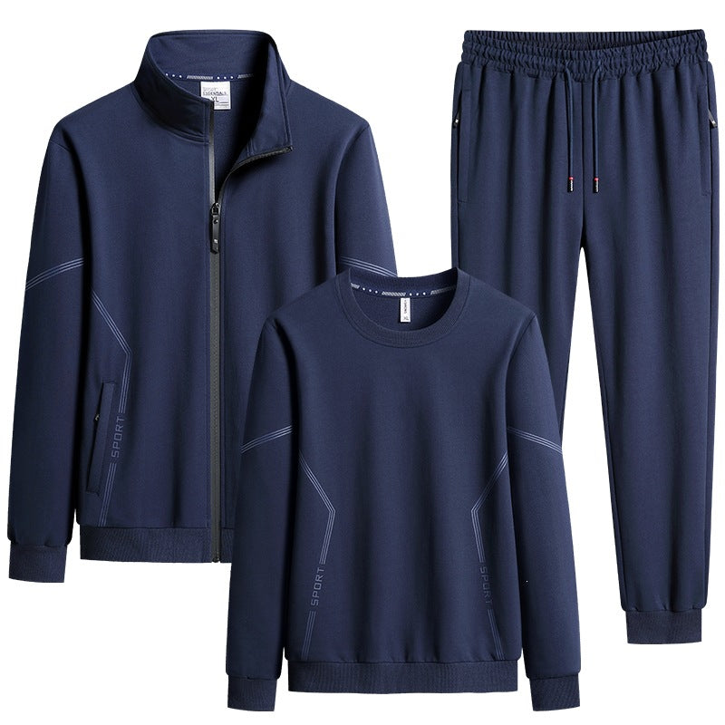 Men's Three-Piece Performance Training Set with Stand Collar Zip Jacket, Round Neck Sweater & Tapered Jogging Pants