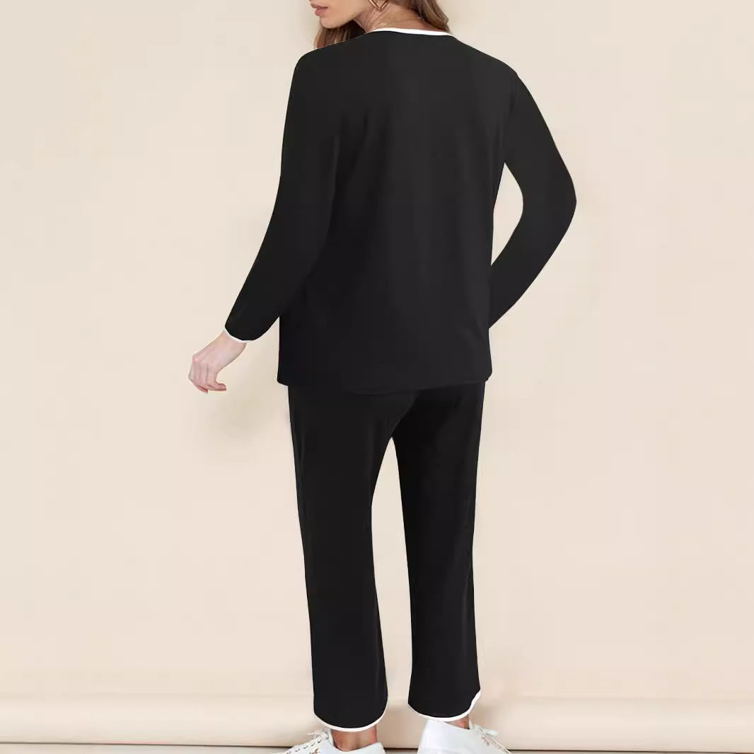 Women's Lounge Set with Elegant V-Neck and Contrast Details
