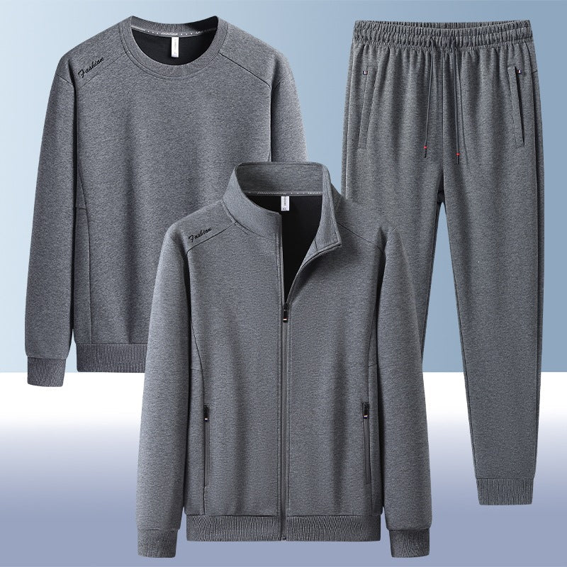Men's two-piece training set with stand-up collar zip jacket, round neck sweatshirt, and tapered jogging pants
