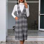 Women's Plaid Jumpsuit with Button Placket and Wide Straps