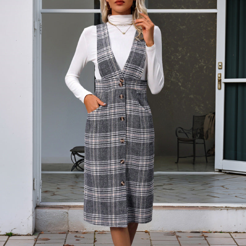 Women's Plaid Jumpsuit with Button Placket and Wide Straps