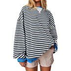 Women's Comfortable Striped Sweater with Raglan Sleeves and Elastic Cuffs