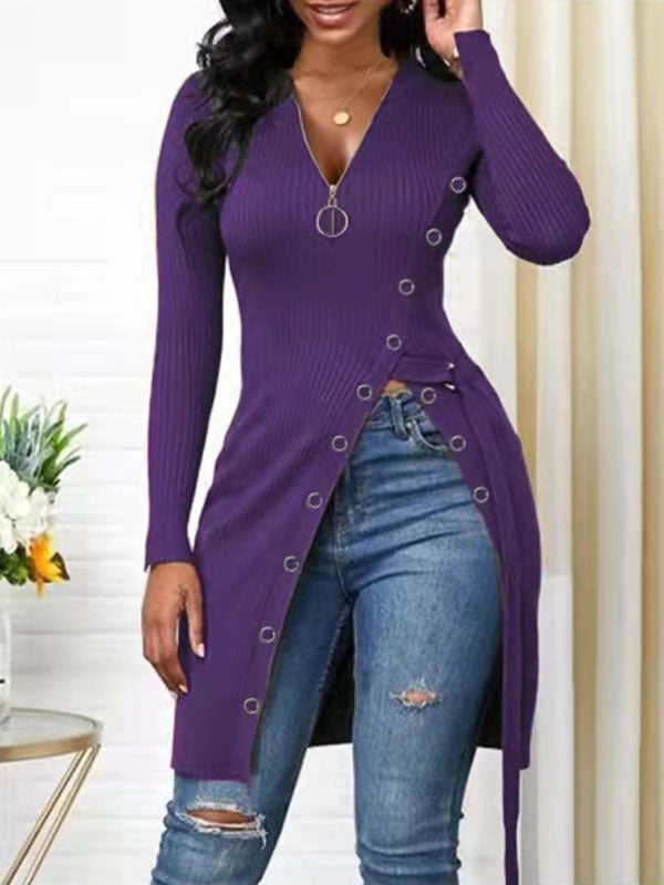 Women's Form-Fitting Wrap Shirt with Button Details and Deep V-Neck